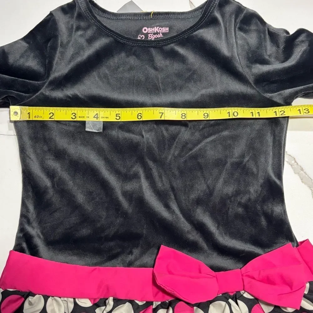 OshKosh B’Gosh | Girls Black Velour Pink Polka Dot Mini Puff Skirt Dress Size 6